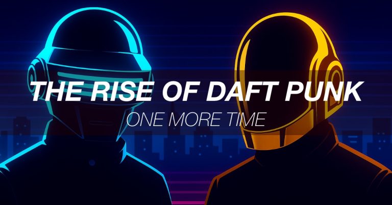 Daft Punk-inspired blue and gold robot helmets in a neon city backdrop, used for the article “The Rise of Daft Punk – One More Time”.